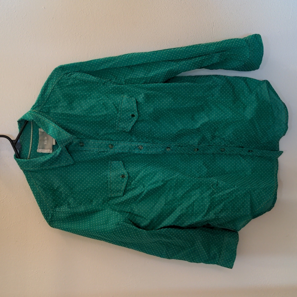 Maeve Anthropologie kelly green textured buttondown 3/4 length sleeves size 12